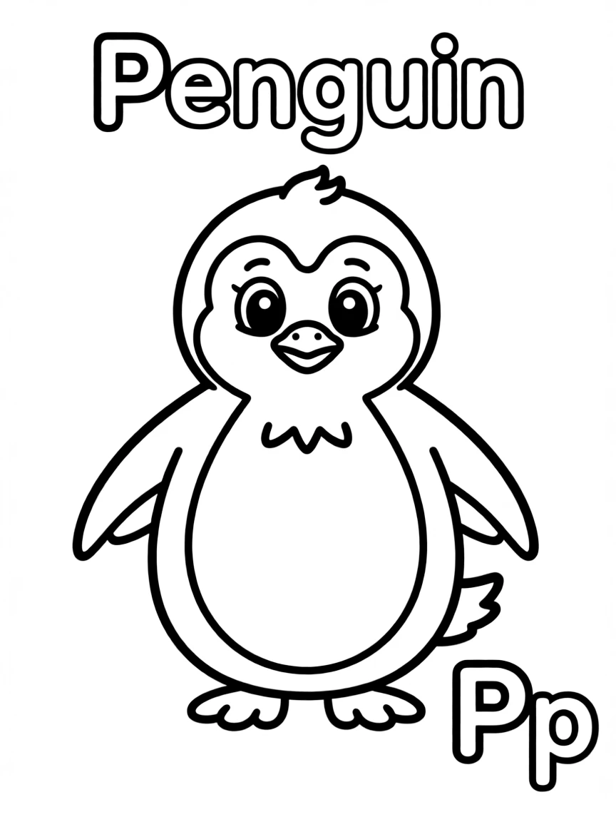 (alphabet flashcard) A penguin in the center, letter "Penguin" on the top, and big letter "Pp" at the bottom right corner.