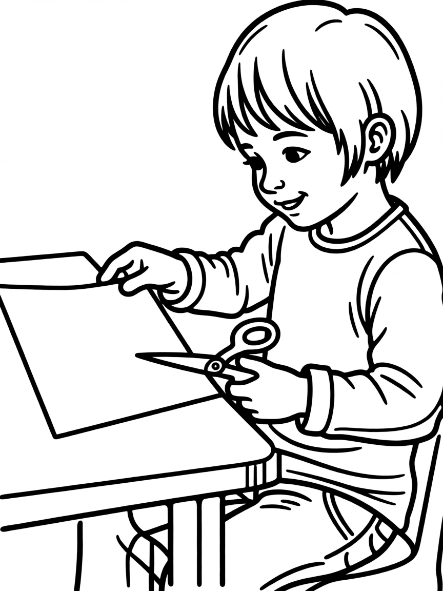 A child cutting paper with scissors.