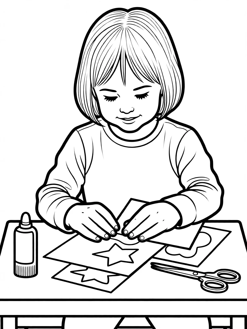 A child gluing paper together.