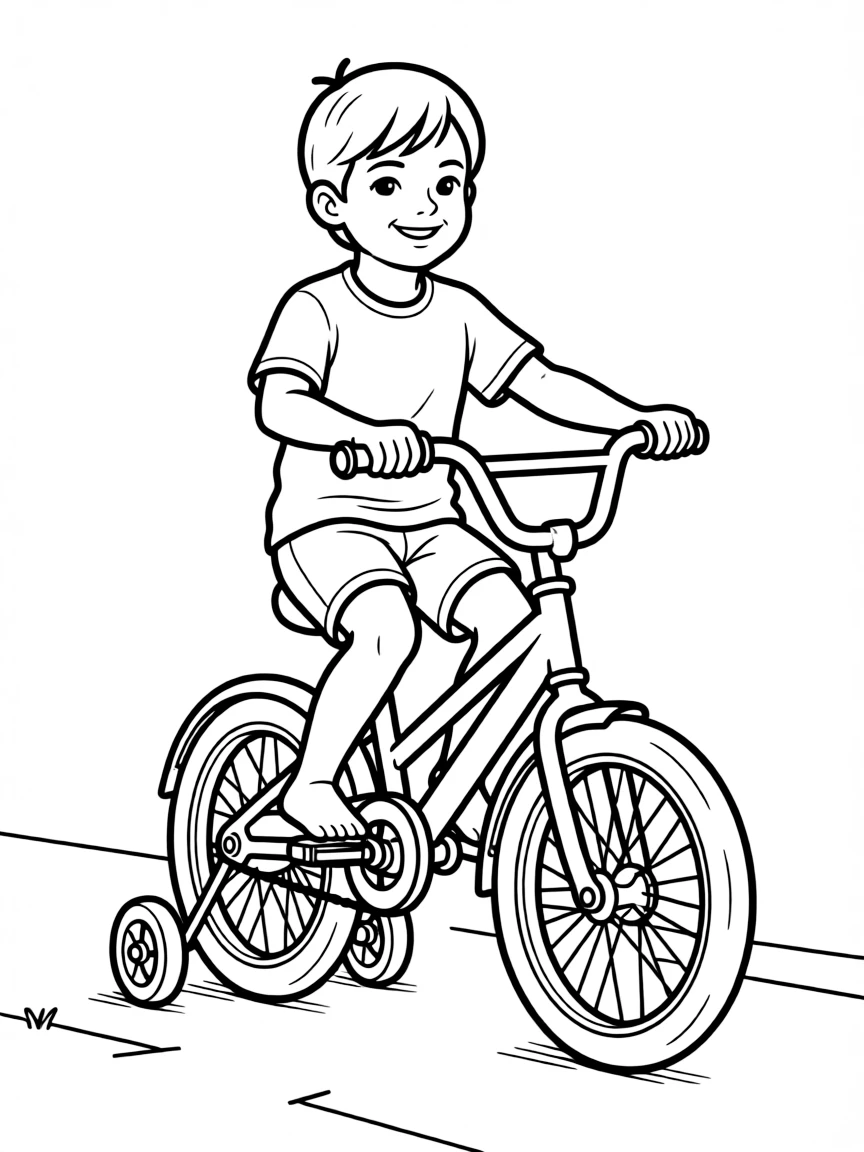 A child riding a bicycle with training wheels.