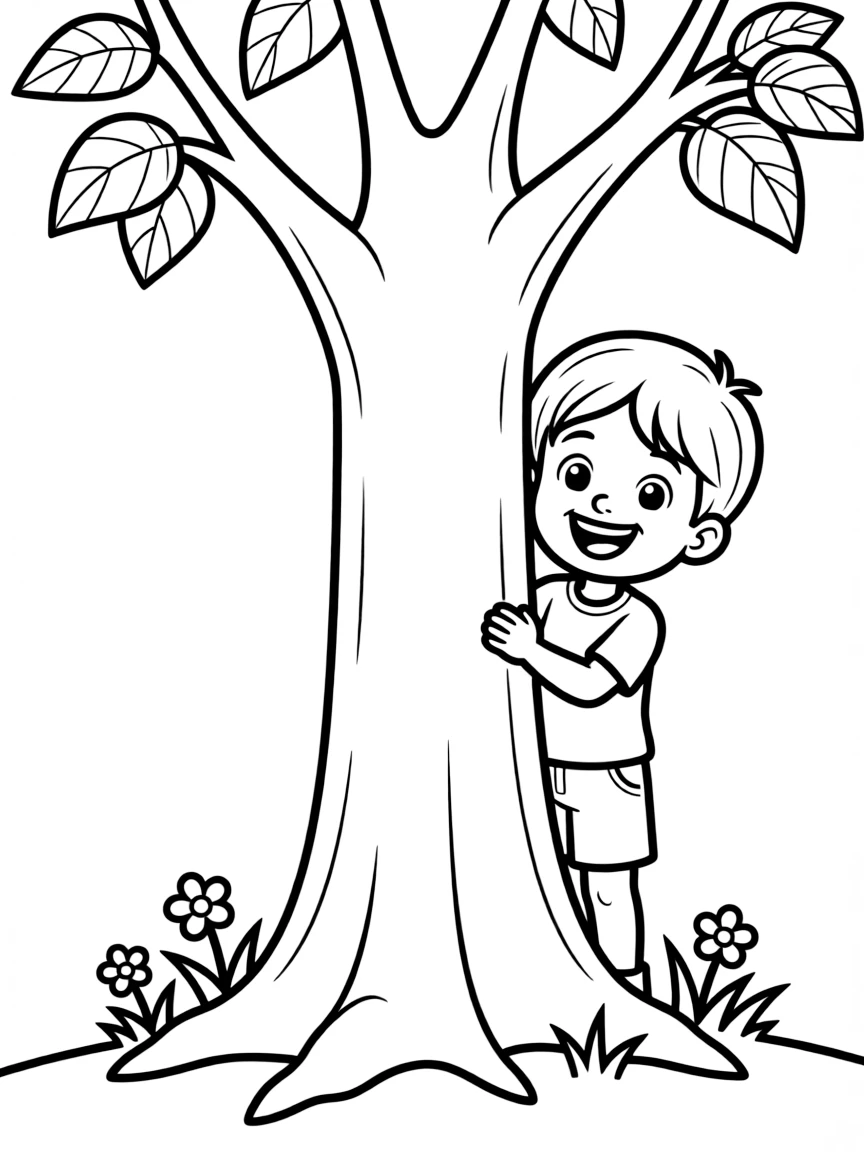 A happy child peeking from behind a tree.