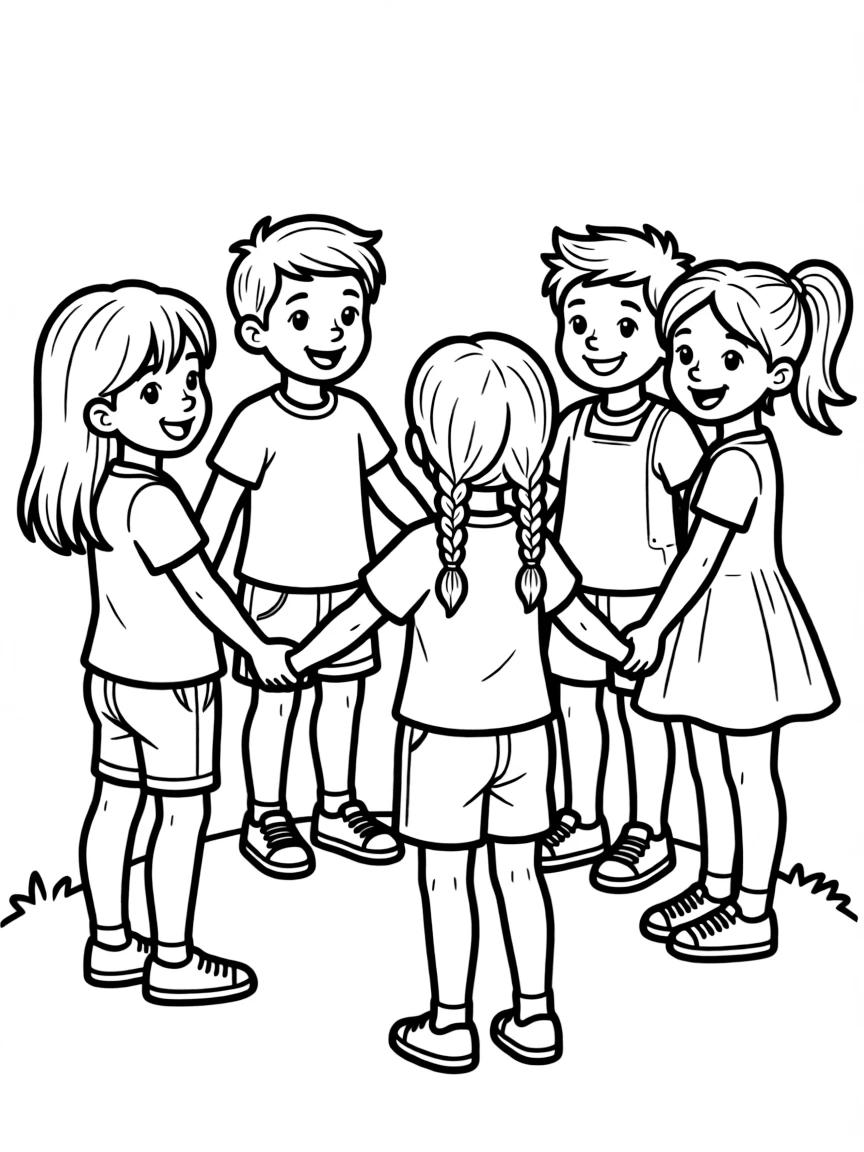 A happy group of children holding hands.