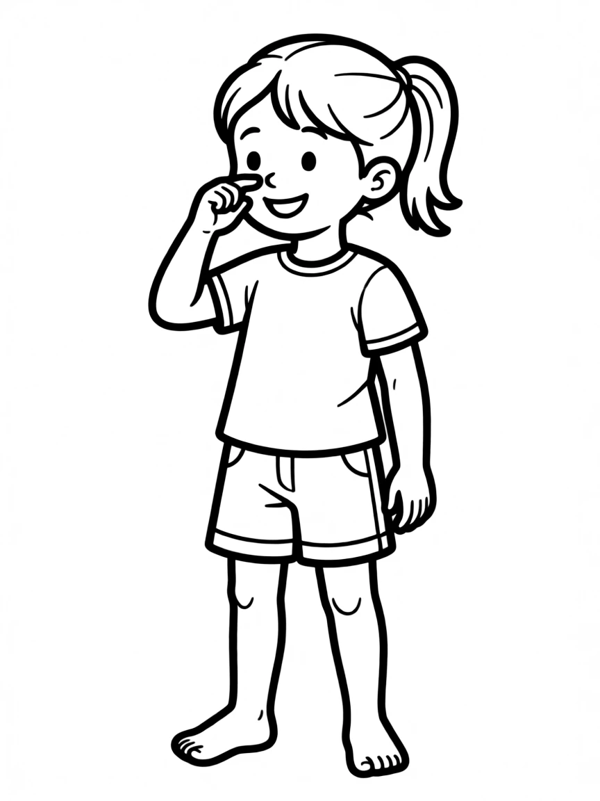 A happy child touching their nose.