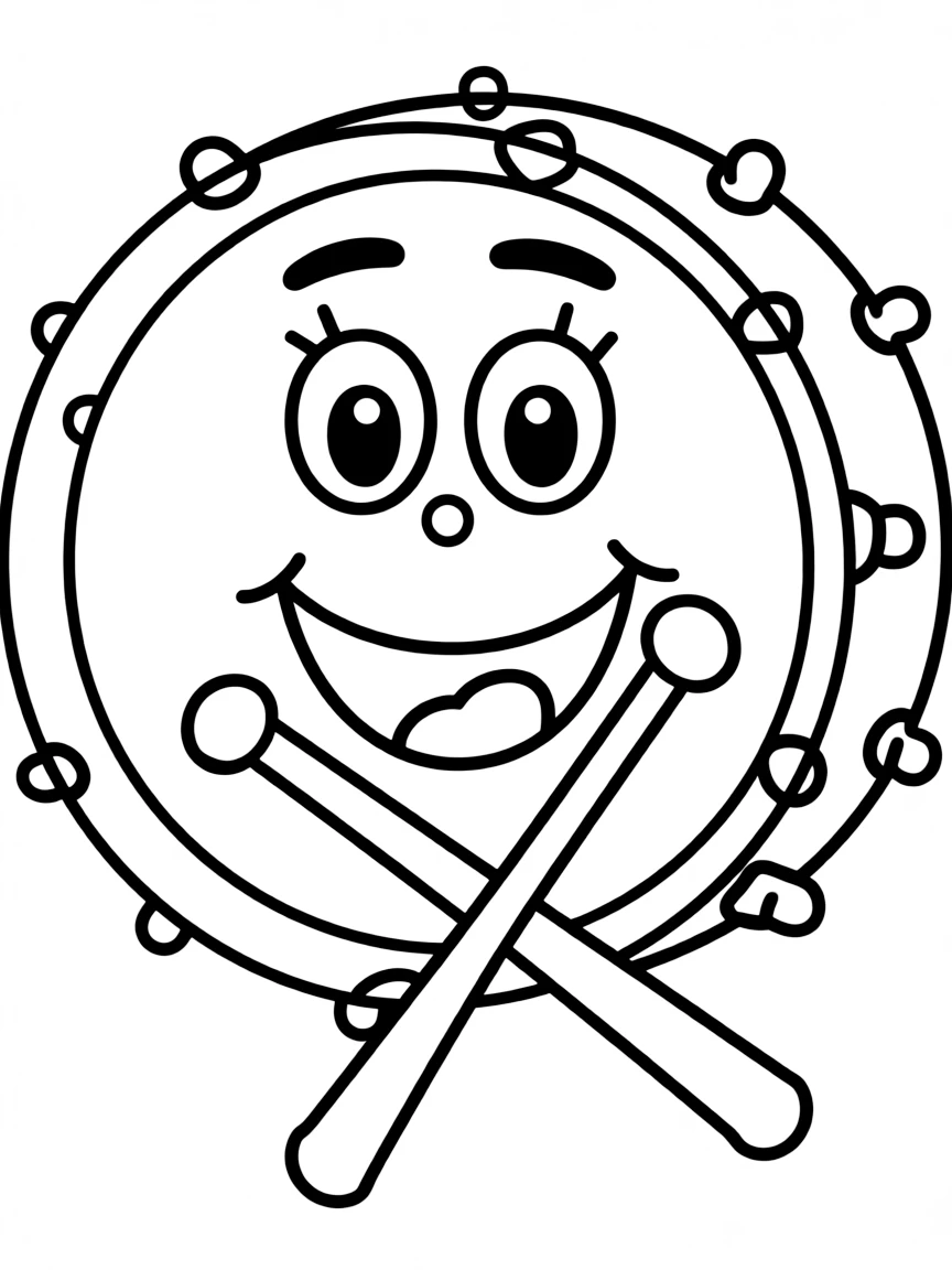 A happy drum with drumsticks.