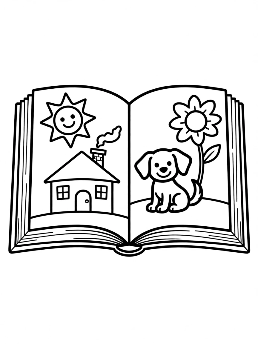 A happy open book with pictures.