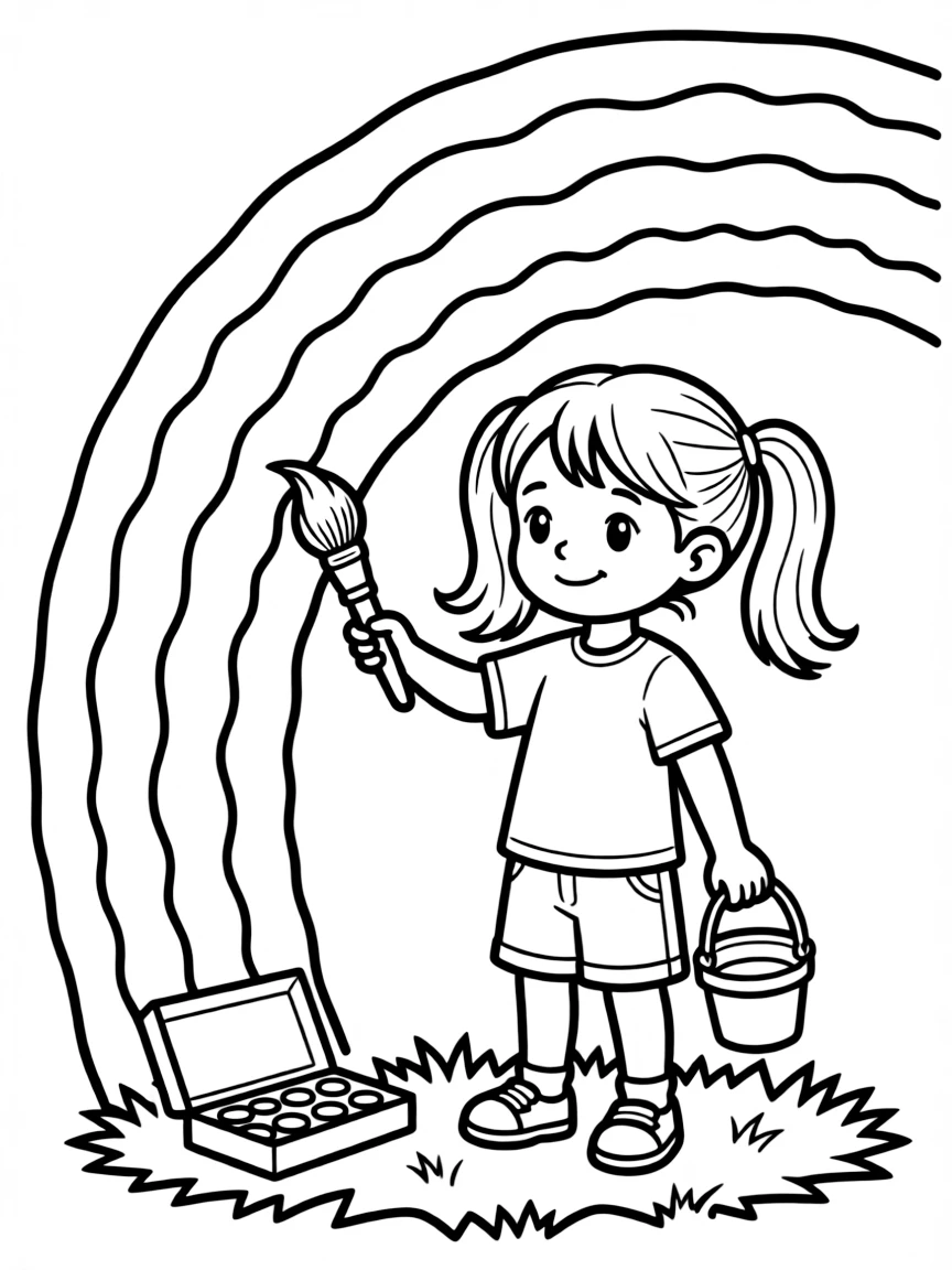 A child painting a rainbow.