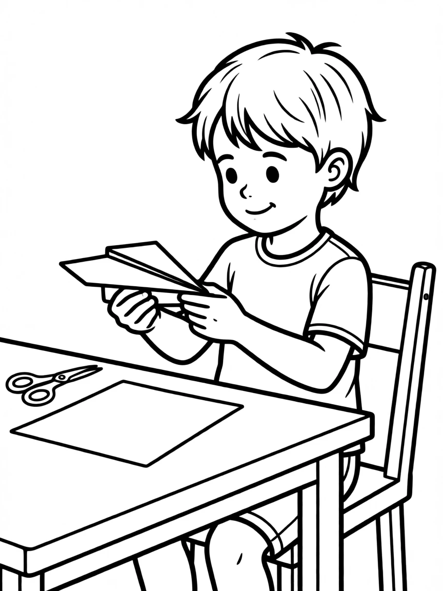 A child making a paper airplane.