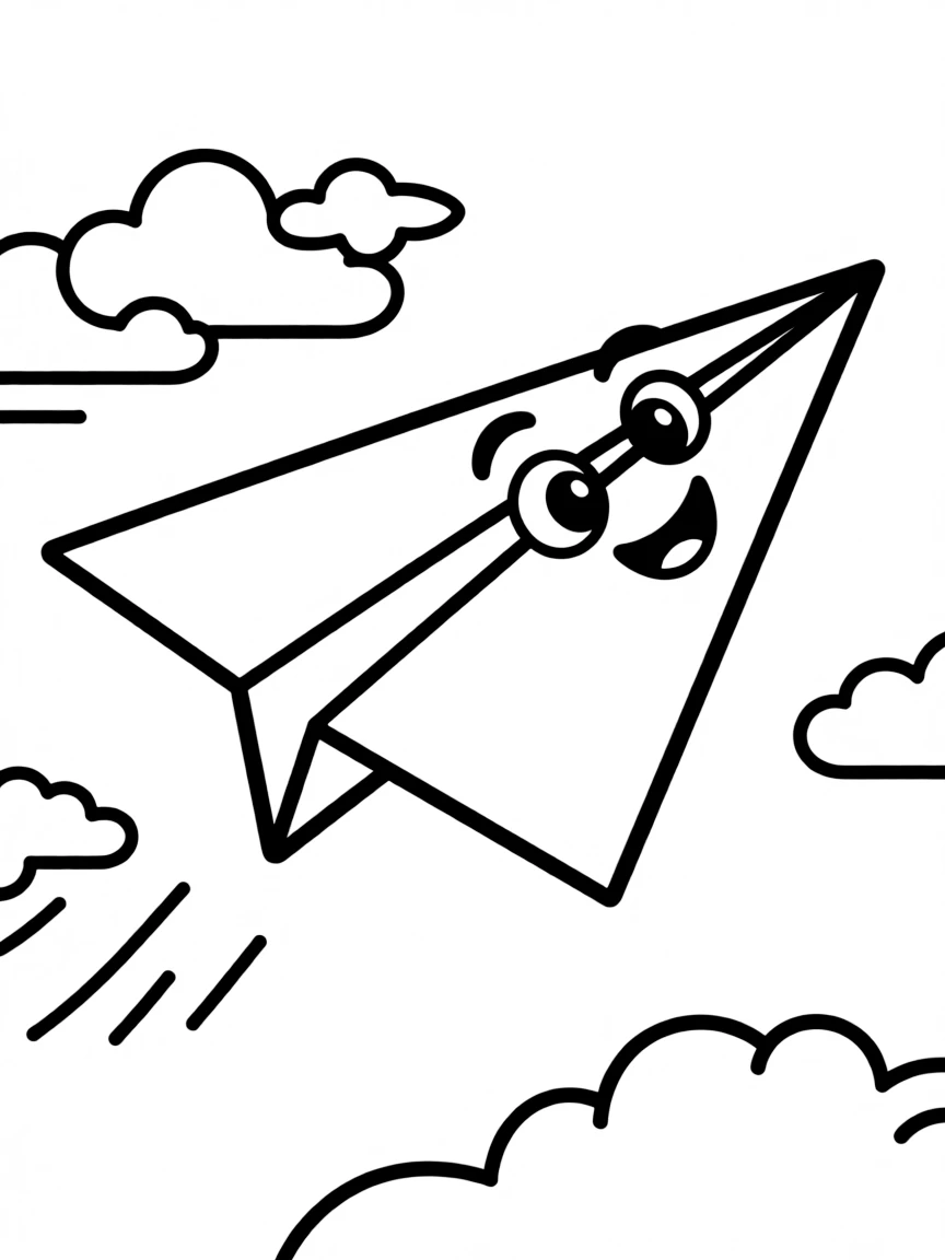 A happy paper airplane flying.