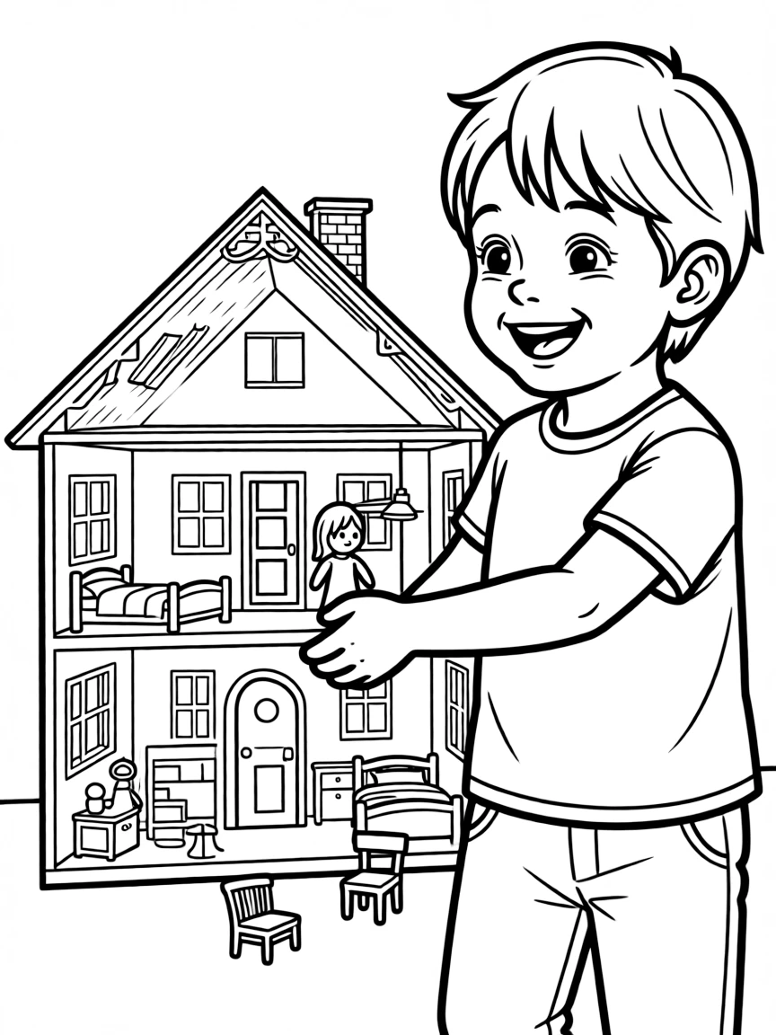 A child playing with a dollhouse.