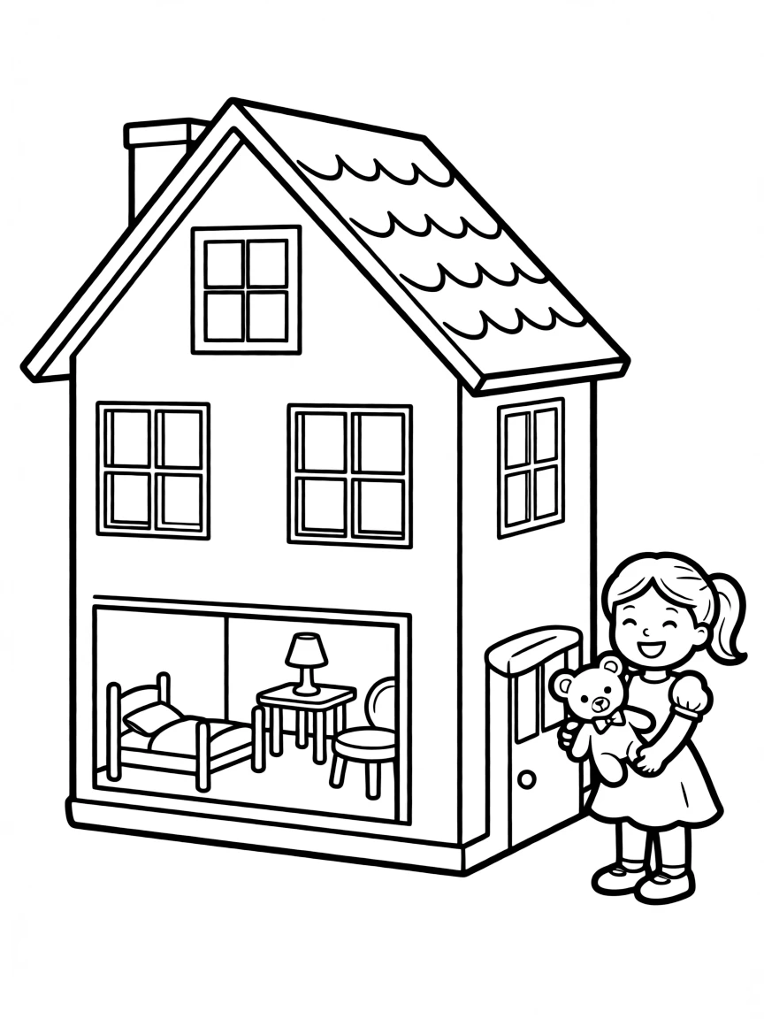 A happy dollhouse with tiny furniture.