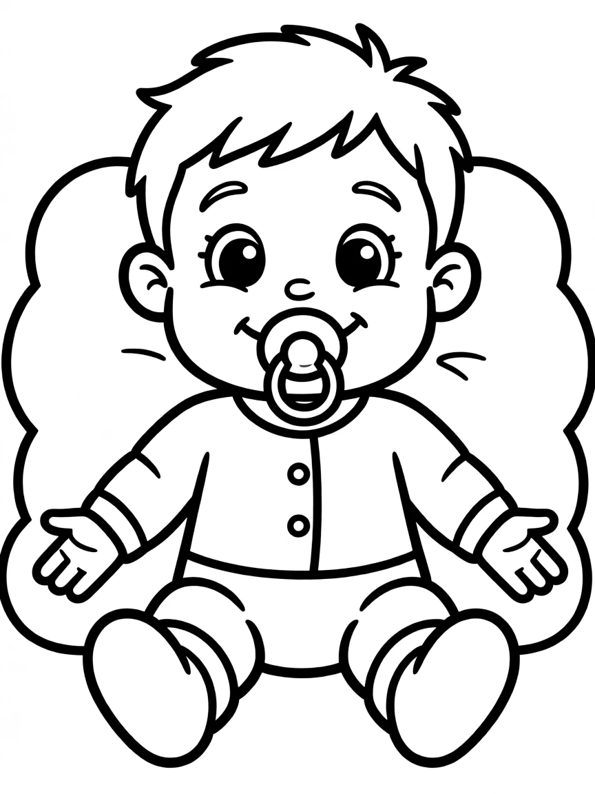 A happy baby doll with a pacifier.