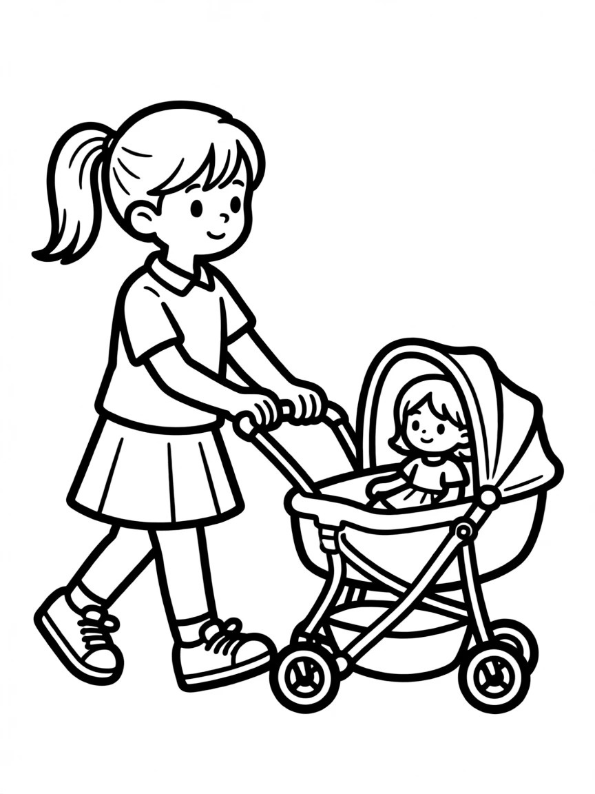A child pushing a doll stroller.