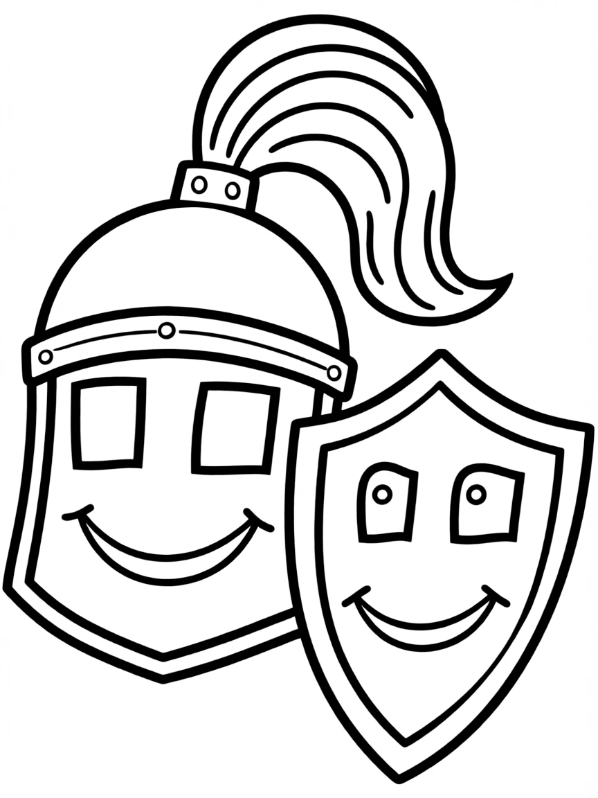 A happy knight's helmet and shield.