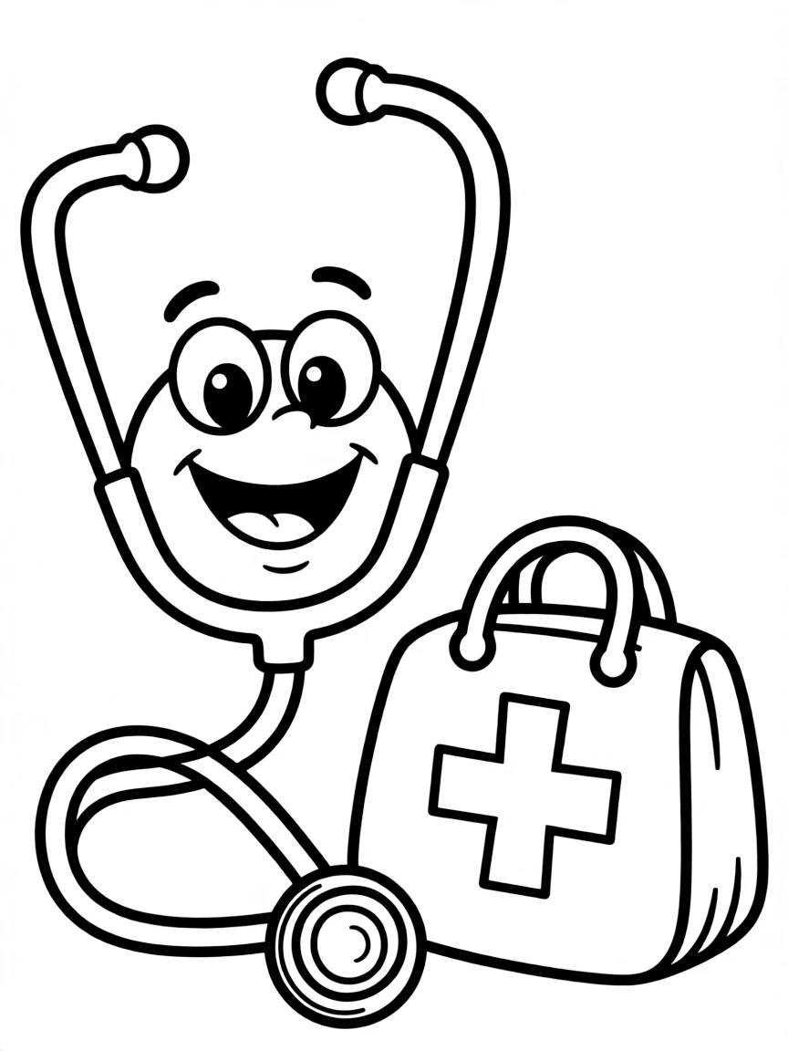 A happy stethoscope and doctor's bag.