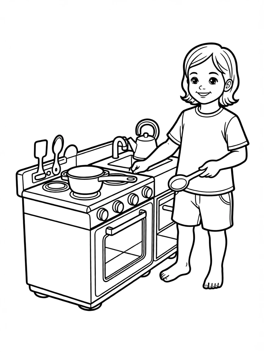 A child playing with a toy kitchen.