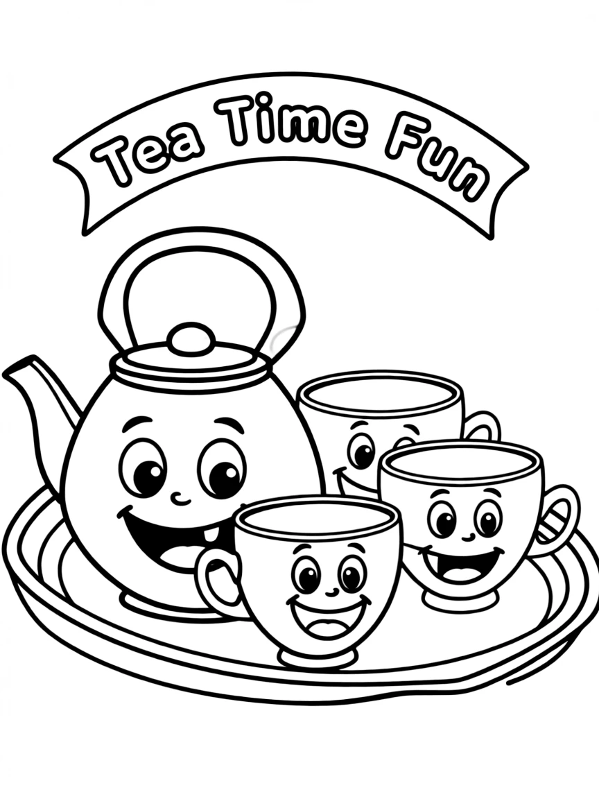 A happy toy teapot and teacups.