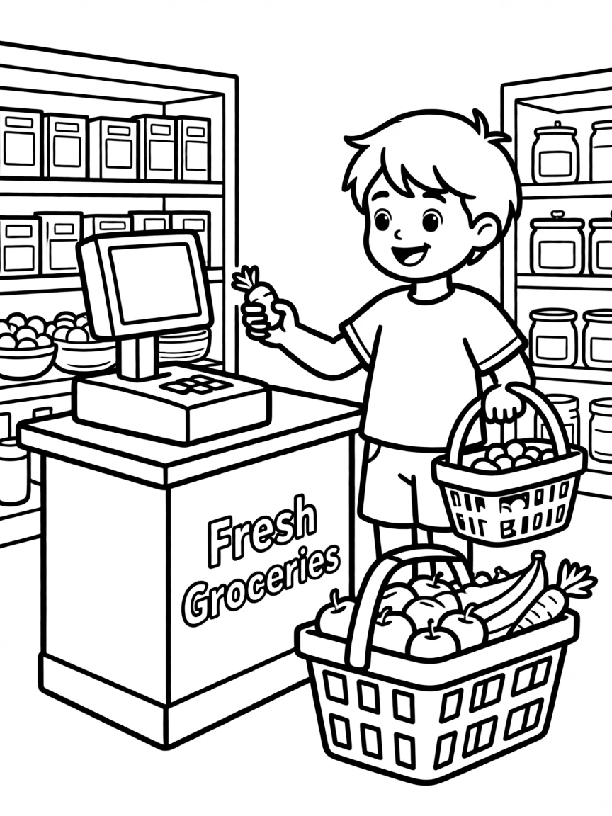 A child playing with a grocery store set.