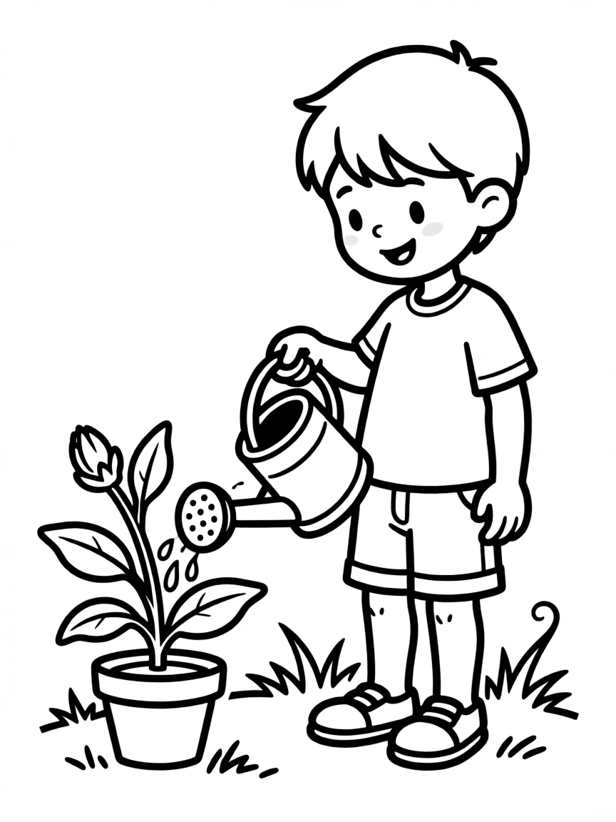 A child watering a plant.