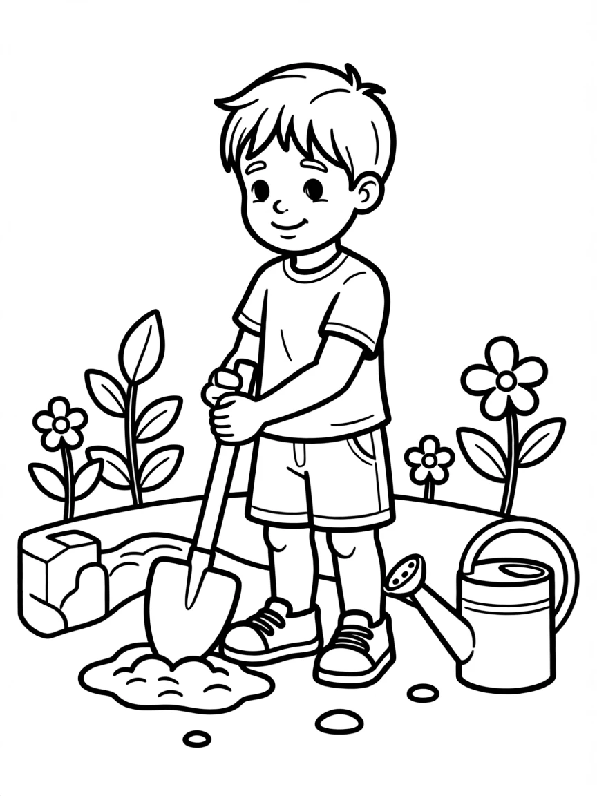 A child digging in the garden.