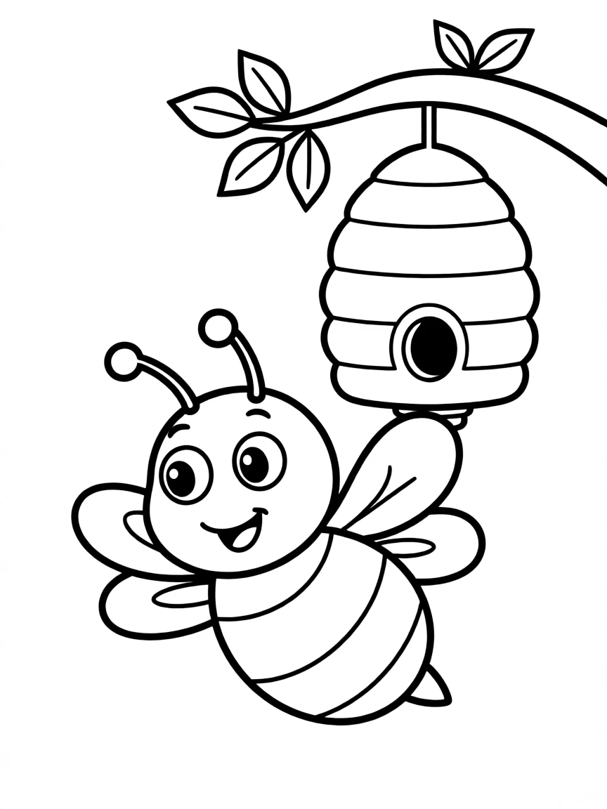 A happy bee buzzing near a hive.