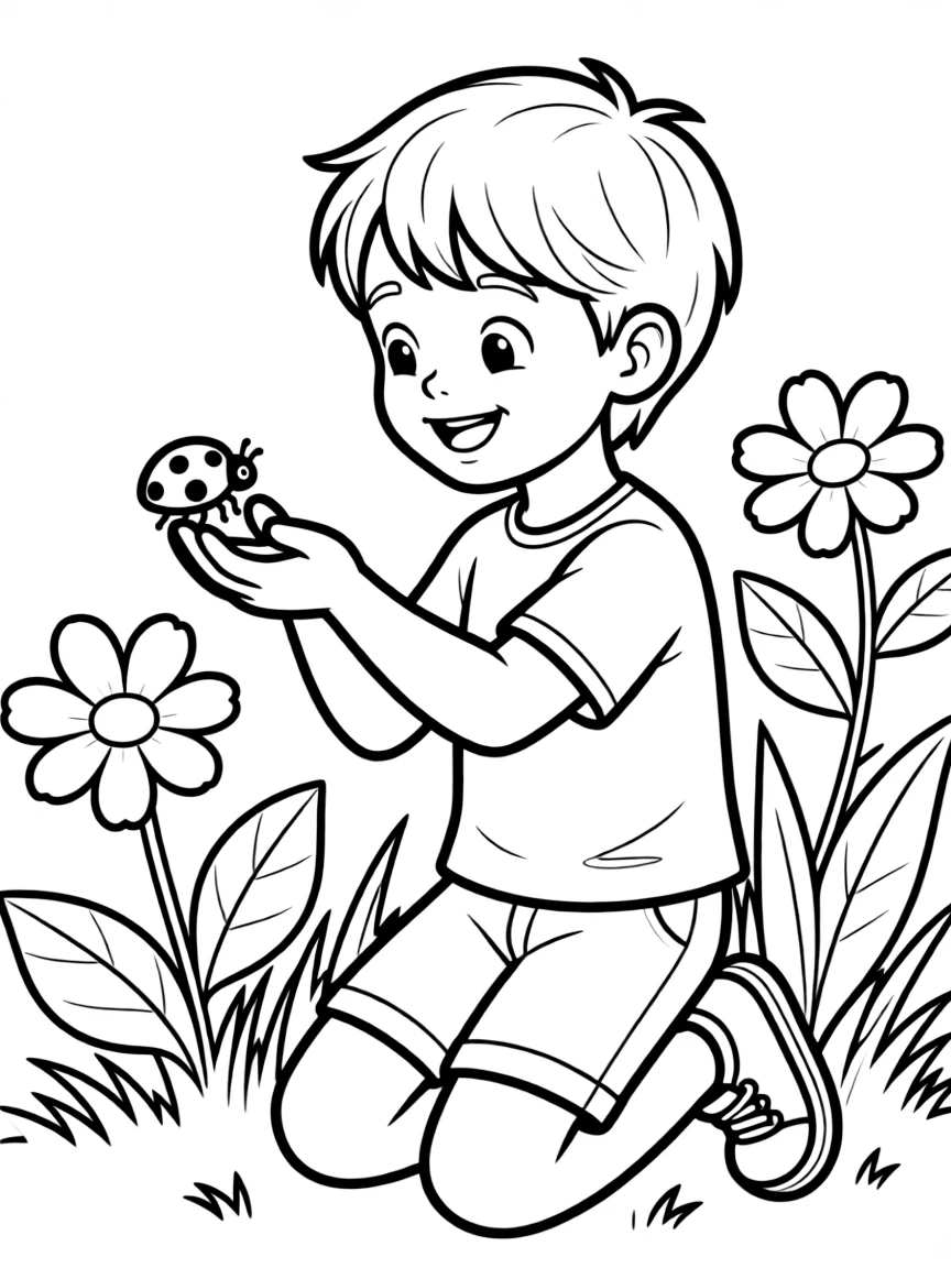 A child finding a ladybug.