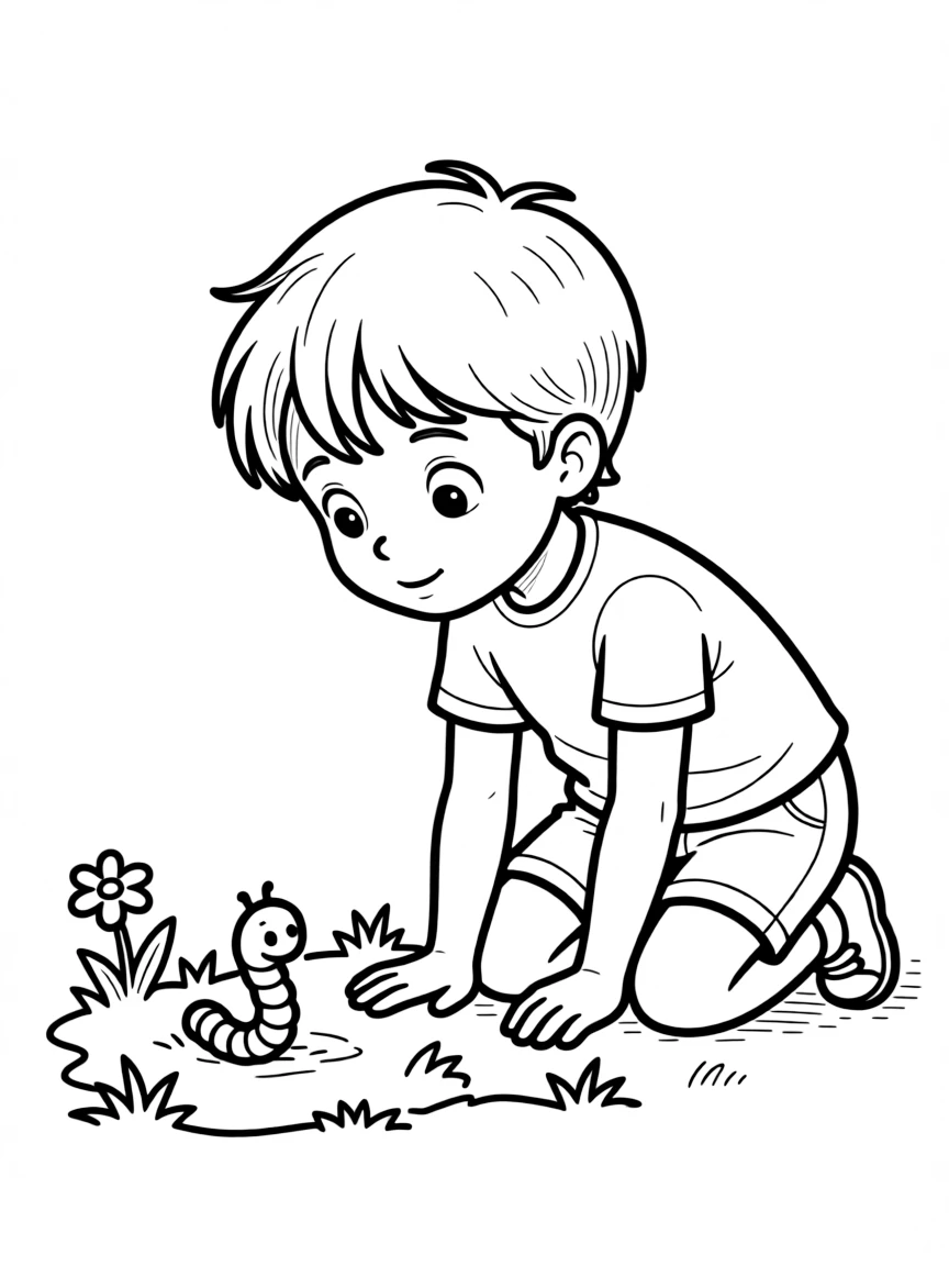 A child looking at a worm.