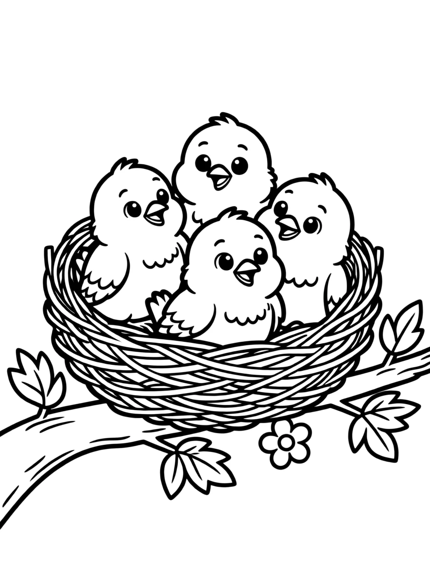 A happy nest with baby birds.