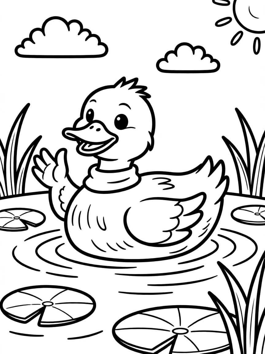 A happy duck swimming in a pond.