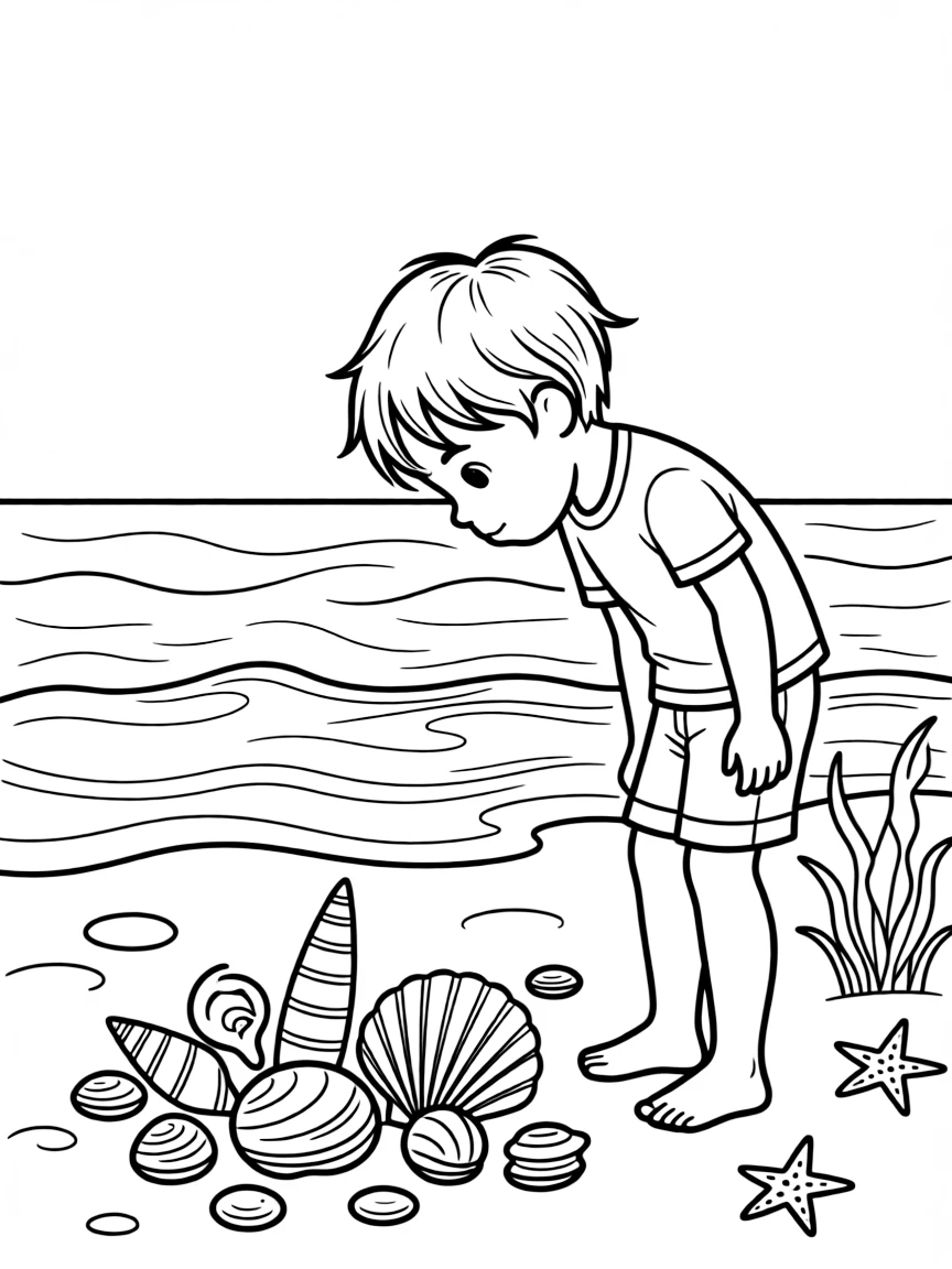 A child looking at shells on the beach.