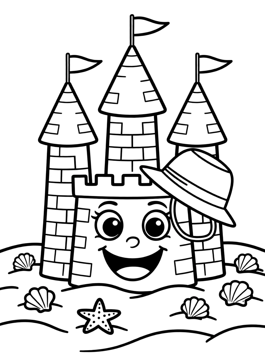 A happy sandcastle with turrets.