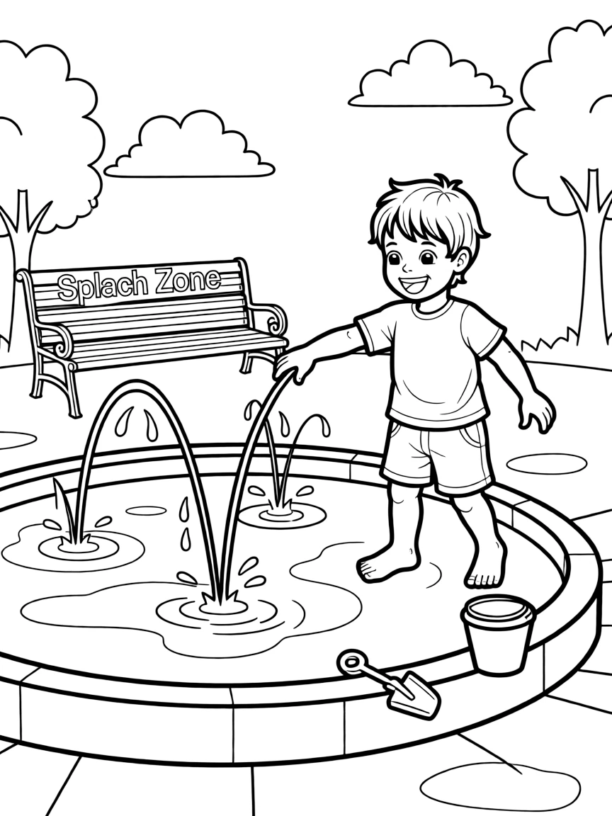 A child playing in a splash pad.