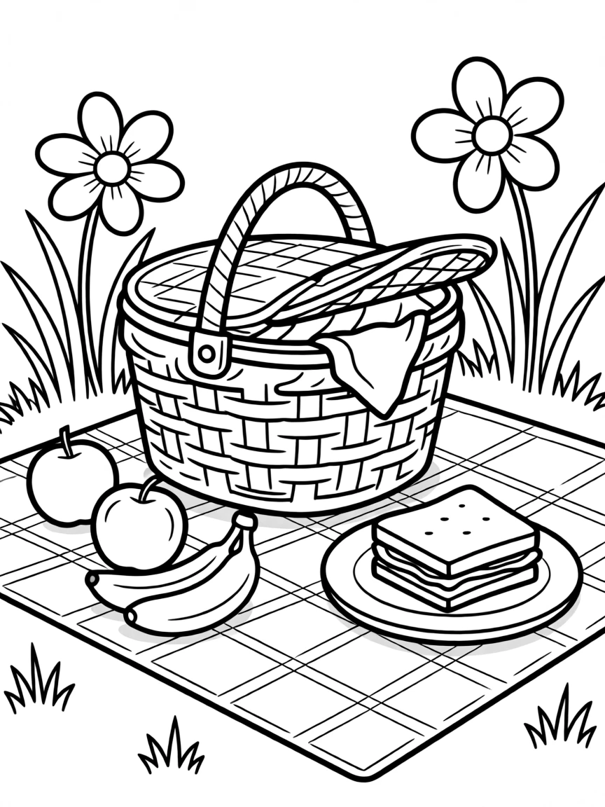 A happy picnic blanket with a basket.