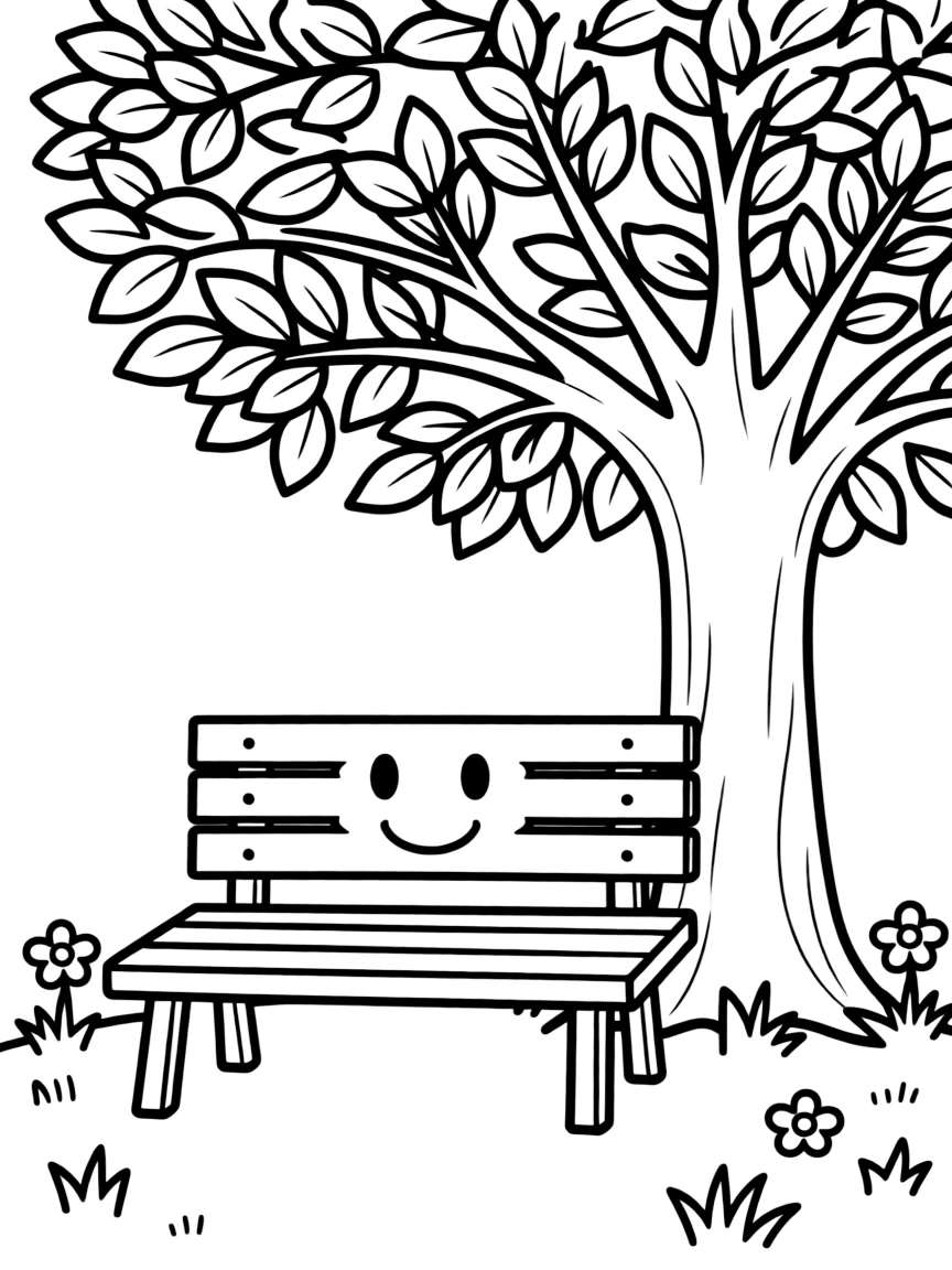 A happy park bench under a tree.