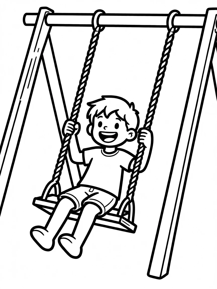 A happy child swinging high.