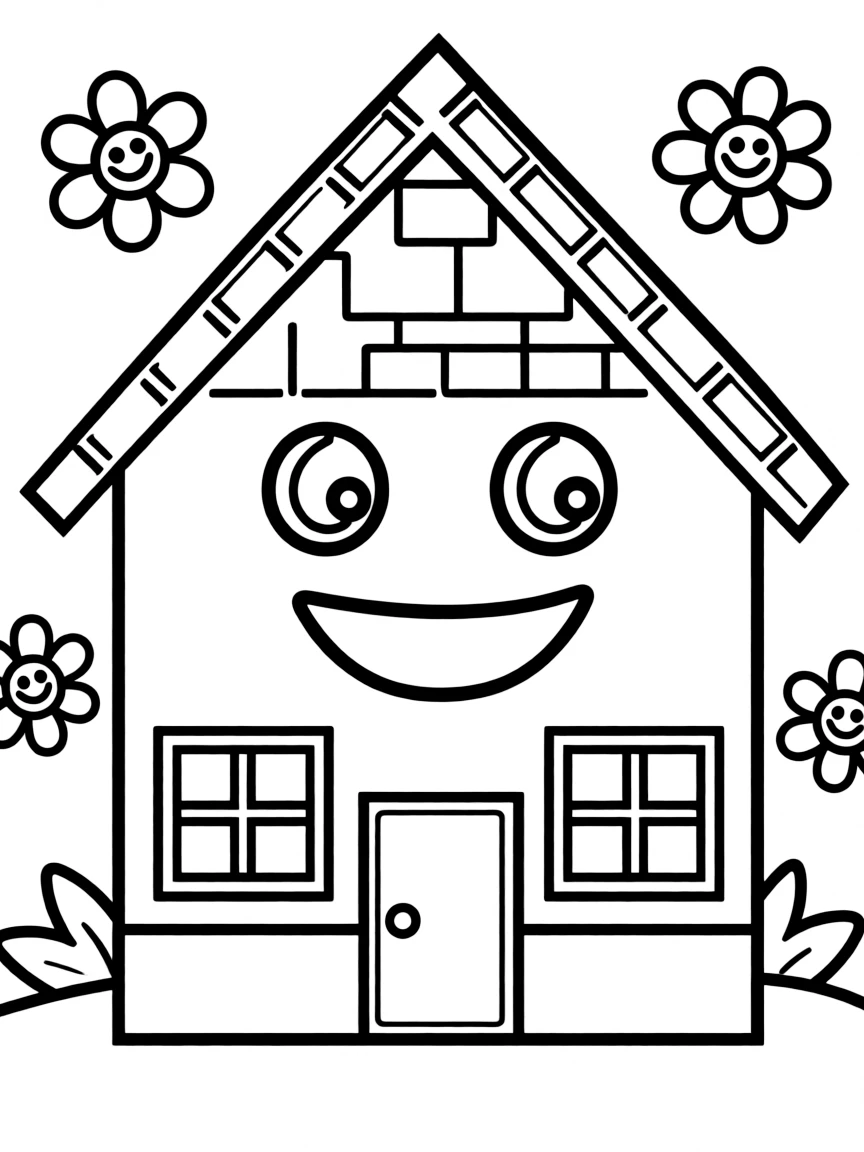 A happy block building shaped like a house.