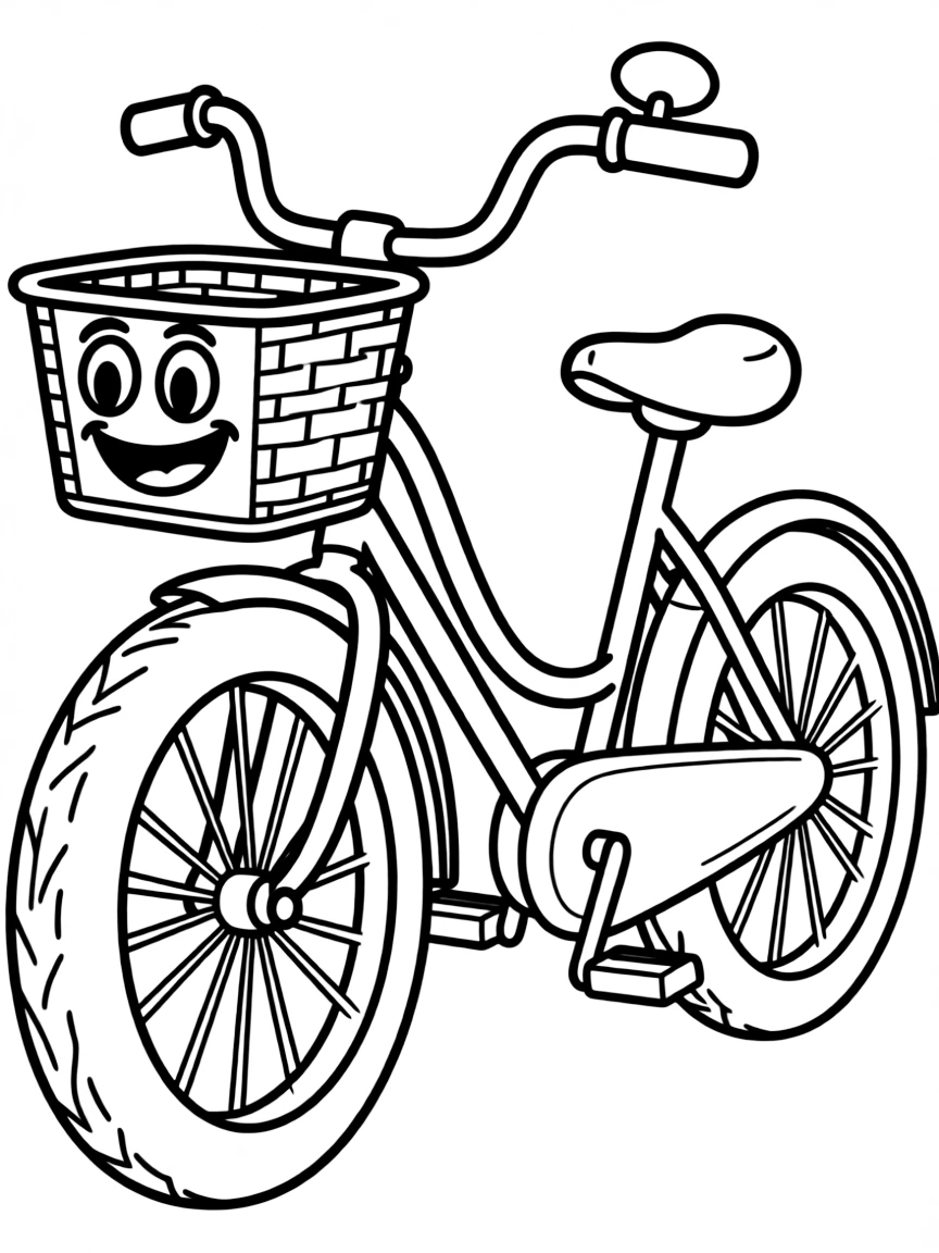 A happy bike with a basket.