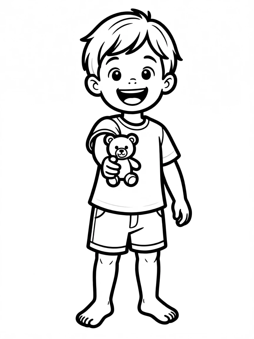 A happy child giving a toy.