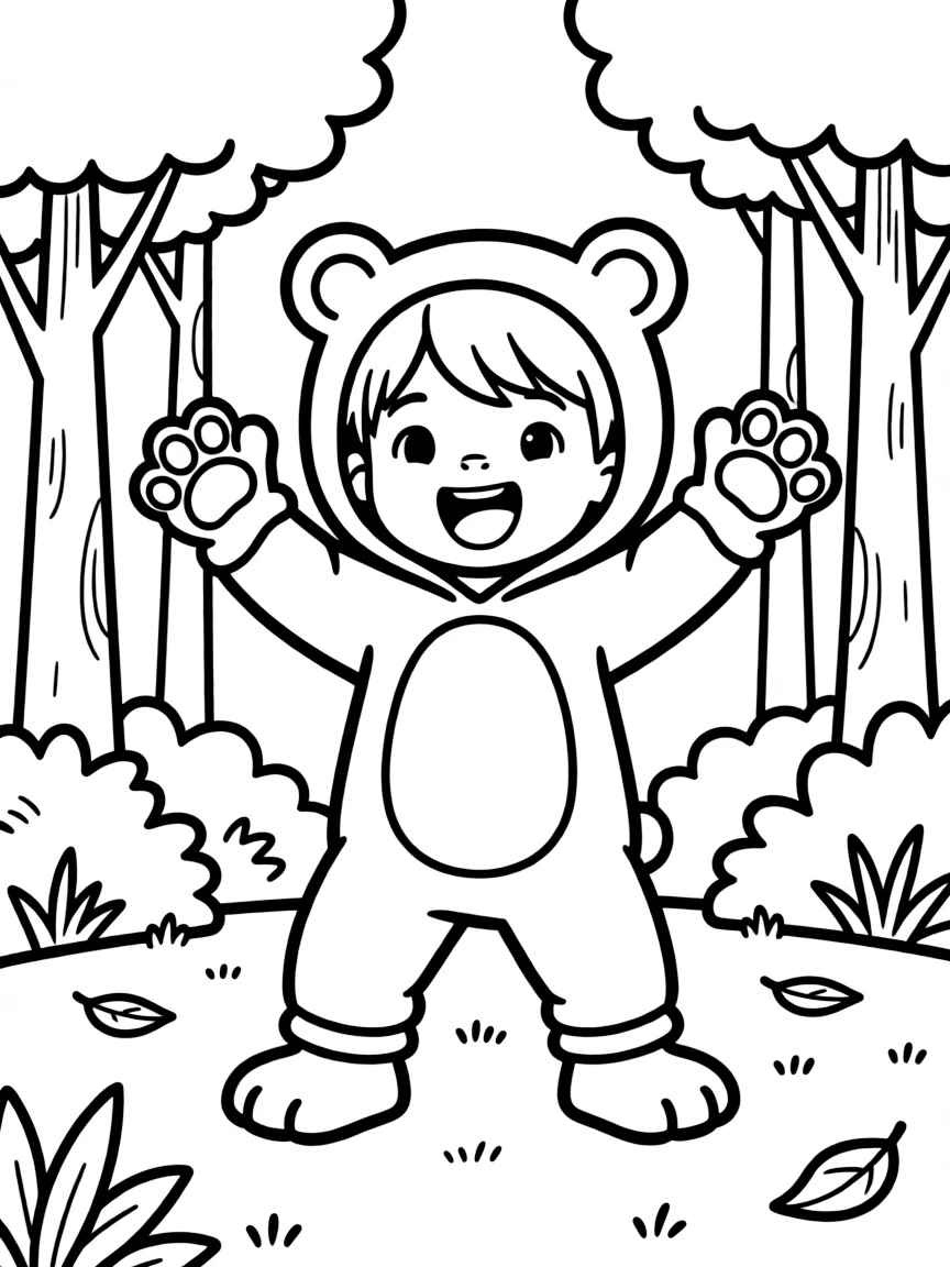 A happy child pretending to be a bear.
