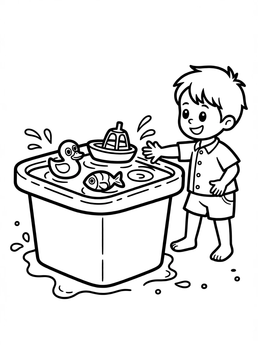 A happy water table with floating toys.