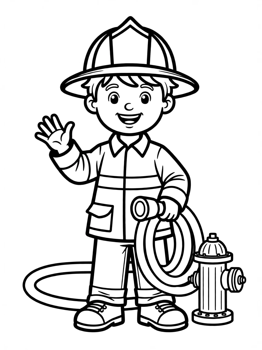 A happy firefighter wearing a helmet.