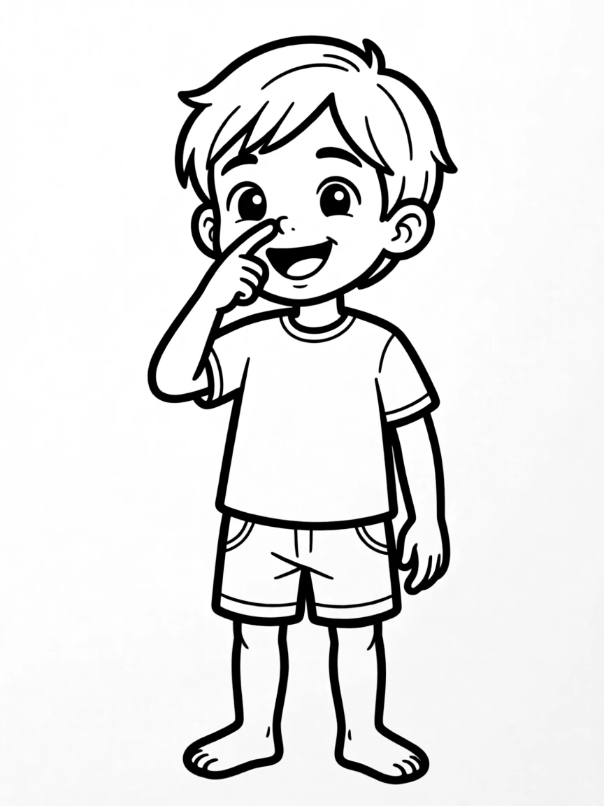 A happy child touching their nose.