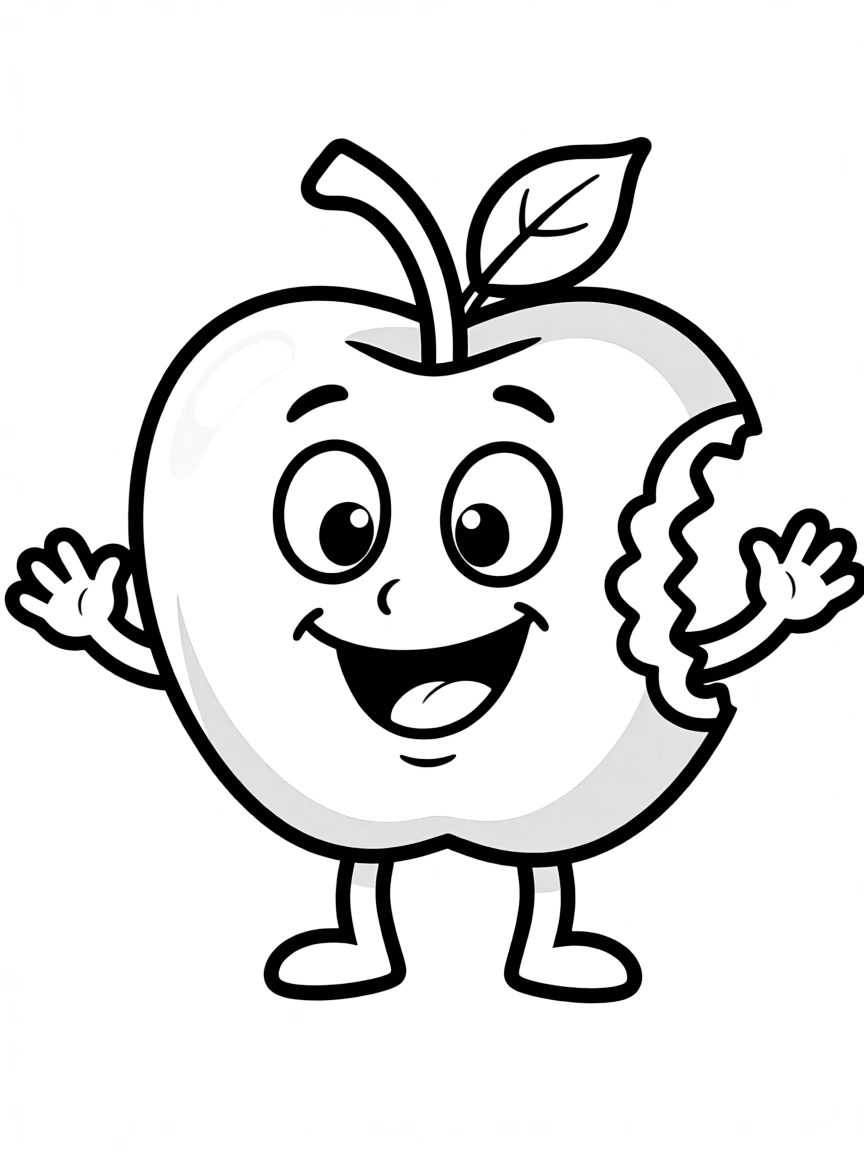 A happy apple with a bite taken out.