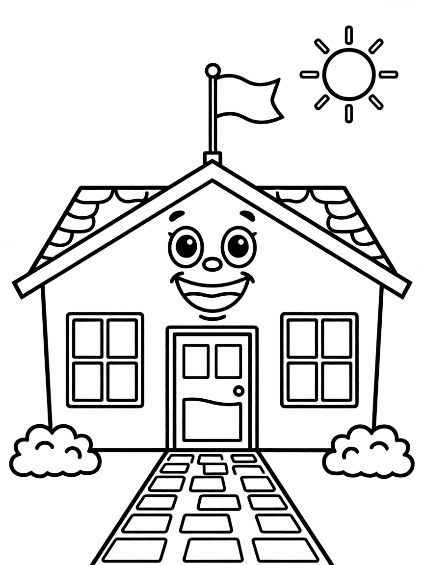 A happy school building with a flag.