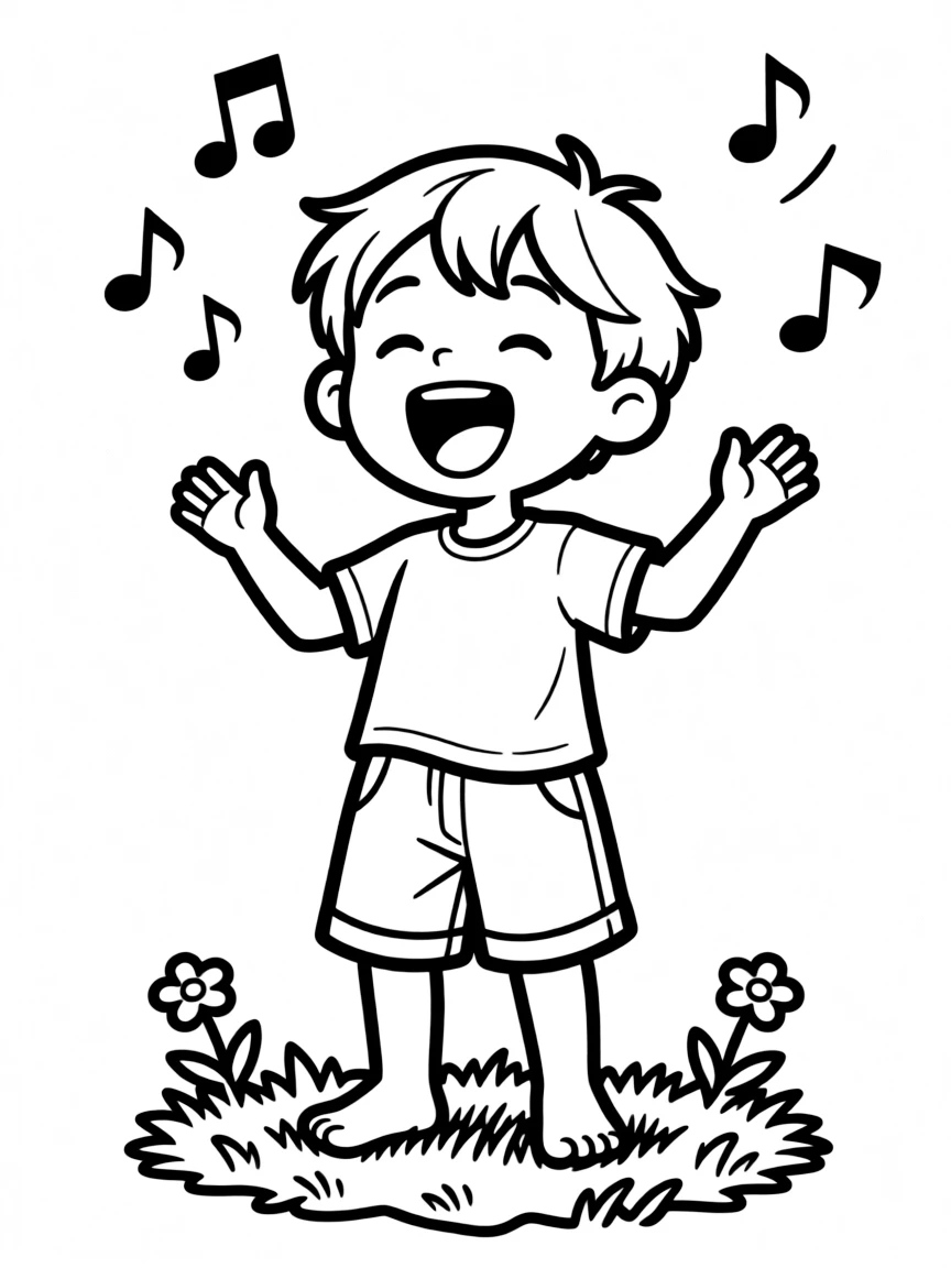 A happy child with open mouth singing.
