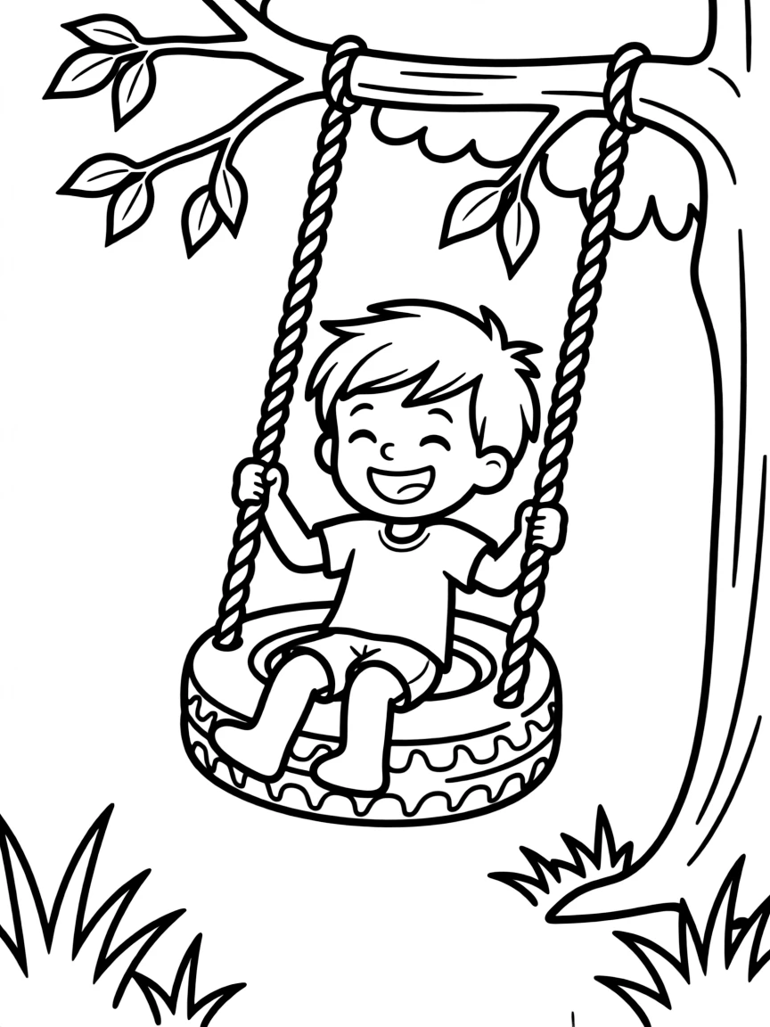 A happy child on a tire swing.