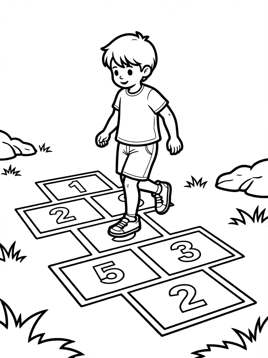 A child playing hopscotch.