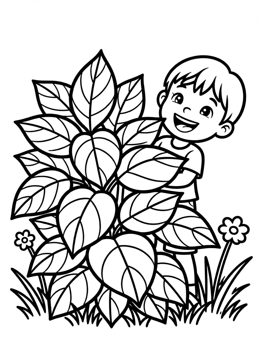 A happy child hiding behind a bush.