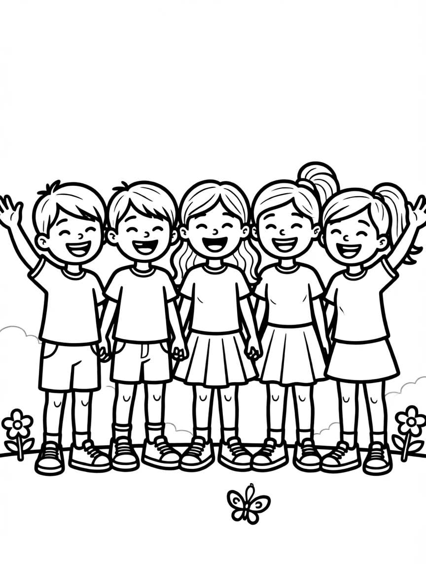 A happy line of children.