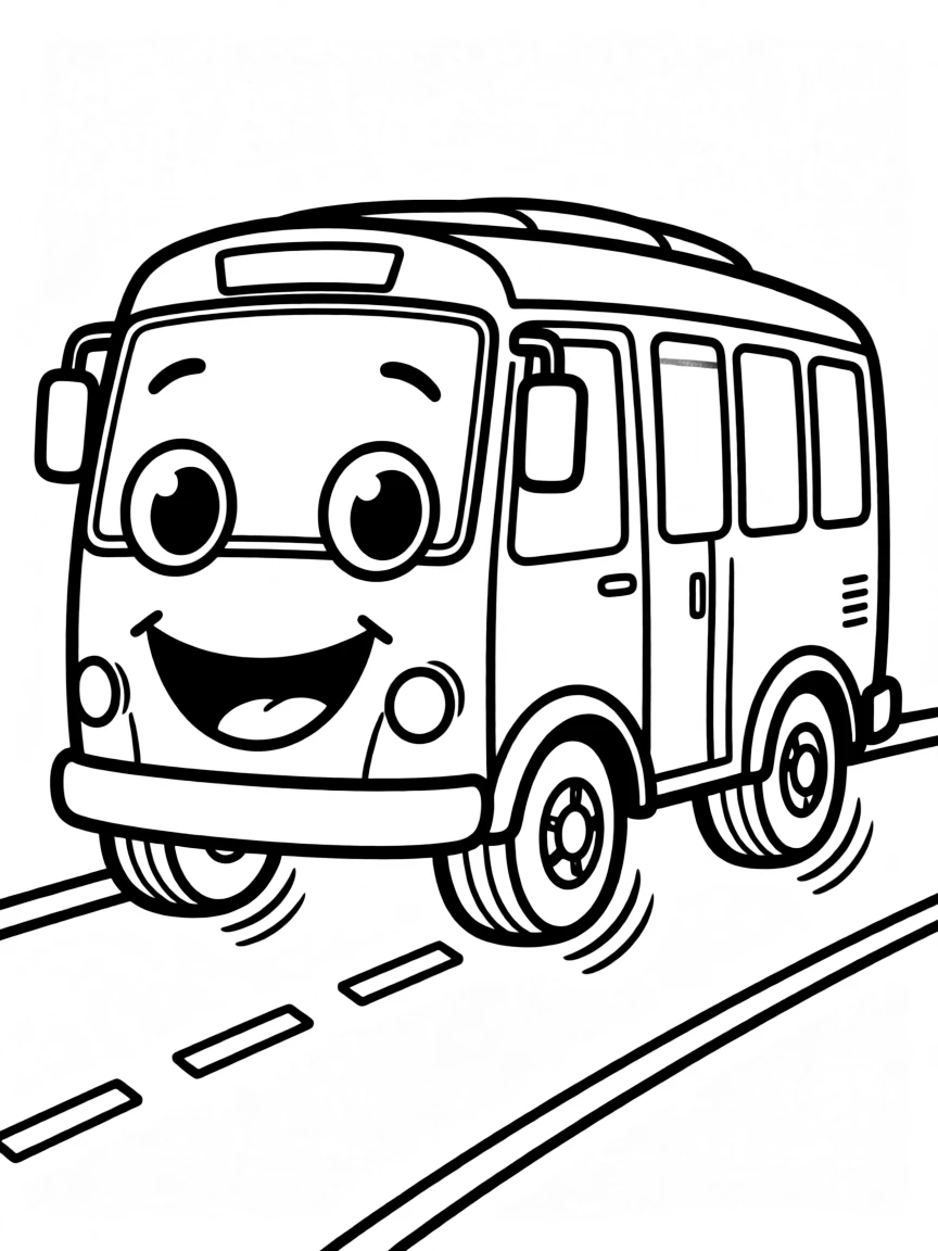 A happy bus with wheels going round and round.
