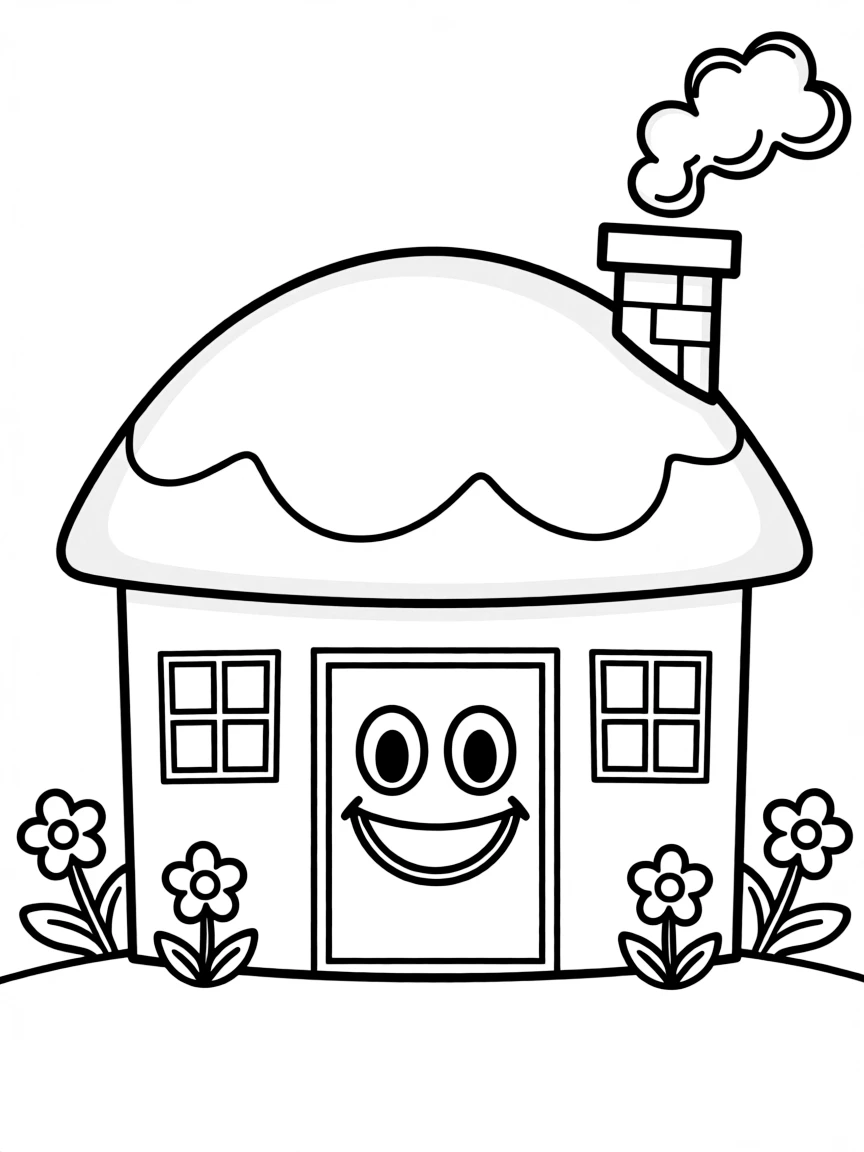 A happy house with a chimney and a smiling door.